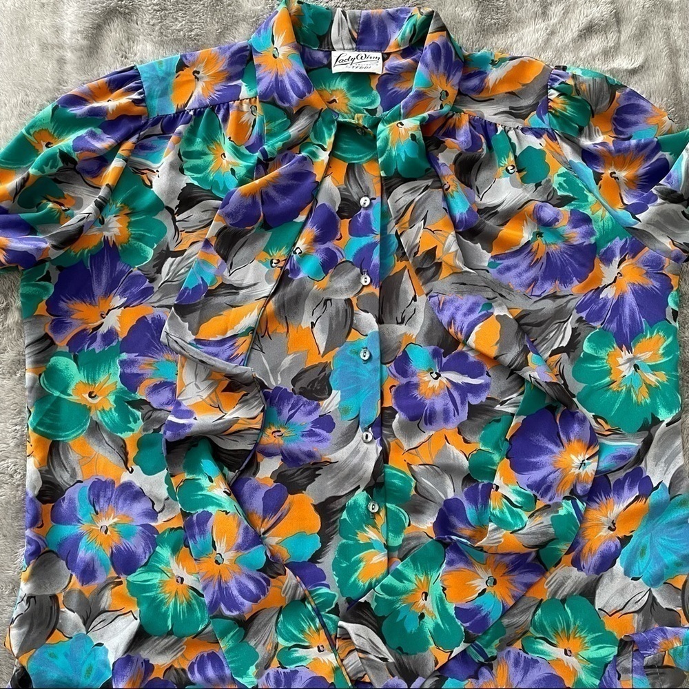 Vintage Lady Winn Floral Necktie Bow Button Up Blouse Long Sleeve 1X - Picture 2 of 7